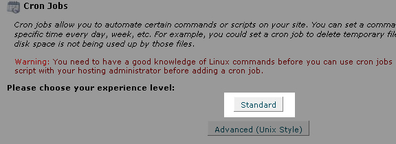 After clicking Cronjobs, click Standard to proceed
