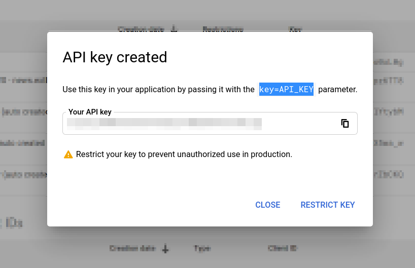 CREATE CREDENTIALS / API Key