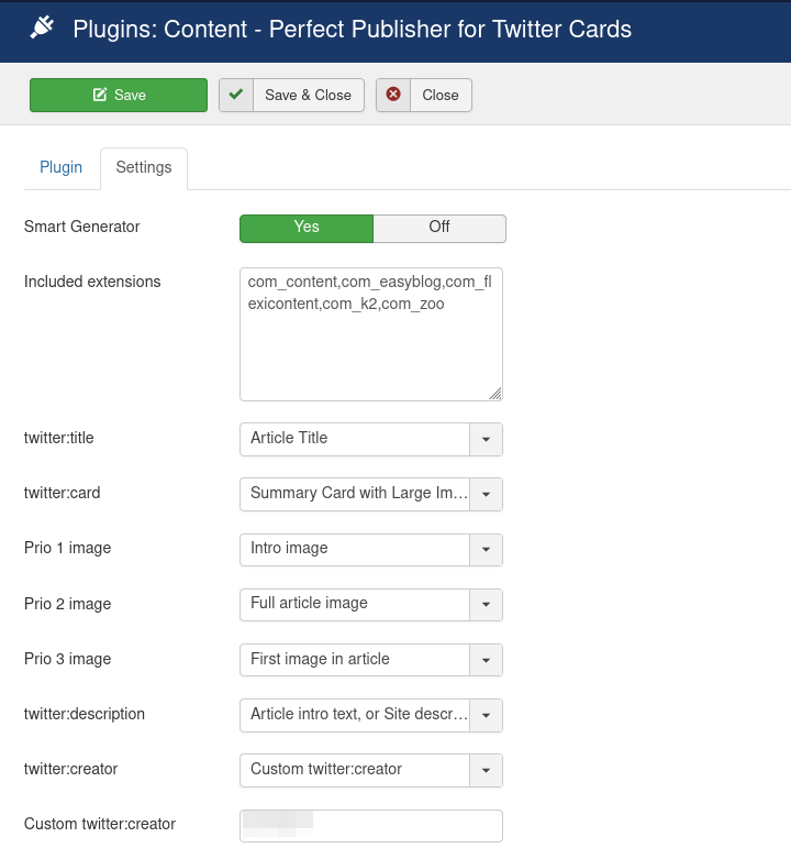 Perfect Publisher for TwitterCard Tags plugin - Configuration